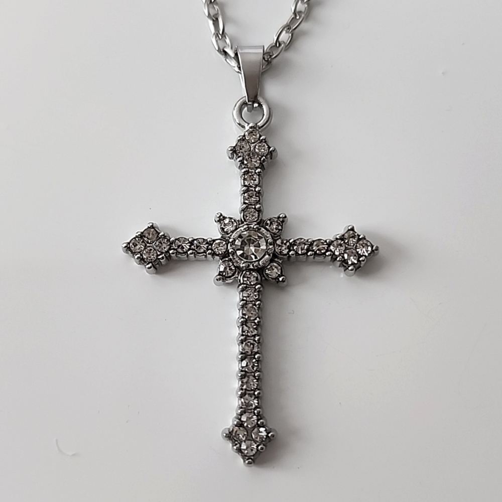 Simulated Diamond Cross Necklace Stainless Steel 20 inch Chain
